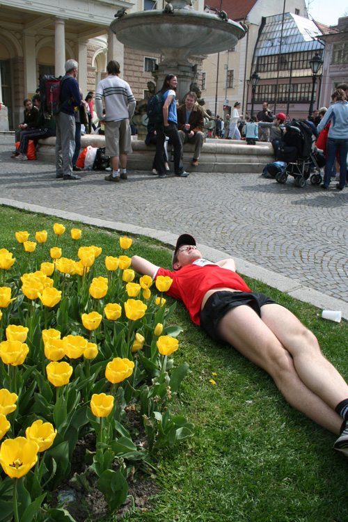Me resting next to tulips