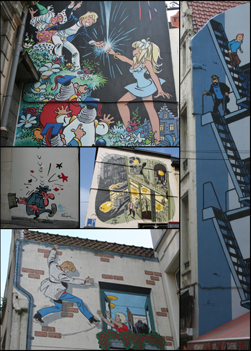 Typical Brussels house walls with comic paintings