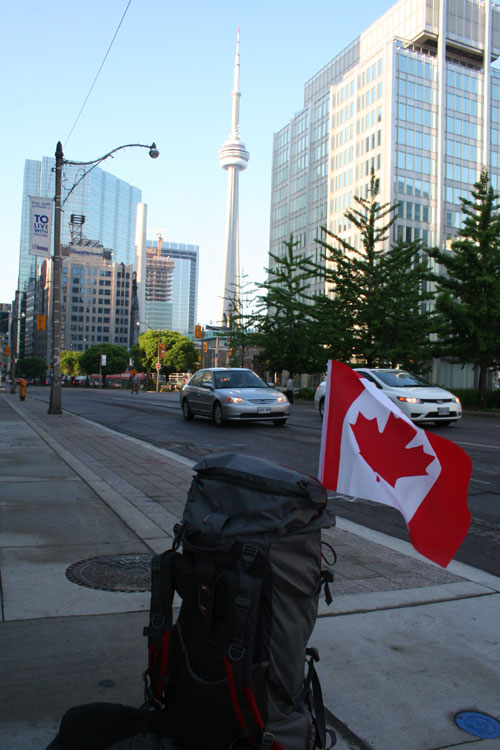 My backback with the Canadian flag and the CN-Tower