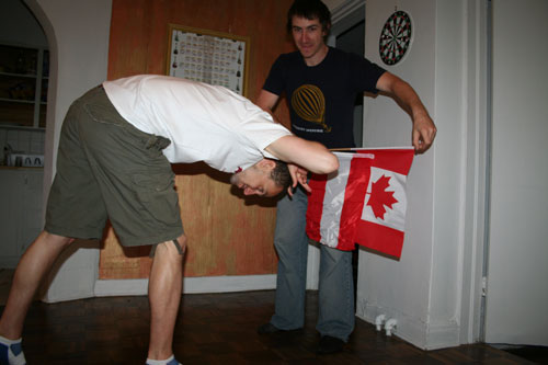 James and Tim playing a bullfight with the Austrian and the Canadian flag